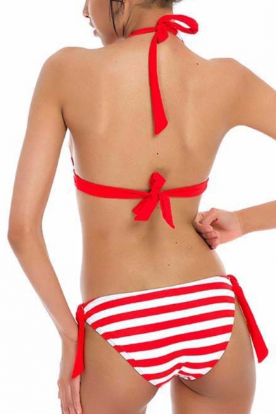 Sexy Halter Neck Color Block Striped Printed Bow Patchwork Bikini