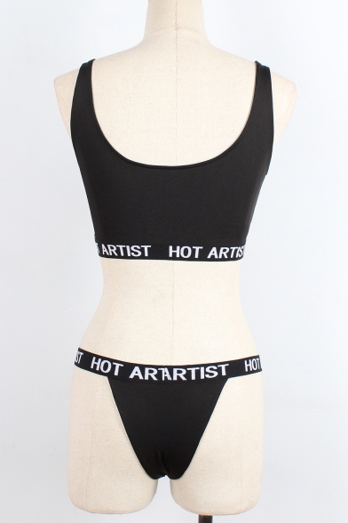 Sexy HOT ARTIST Letter Printed Crop Tank with Panty Black Co-ords