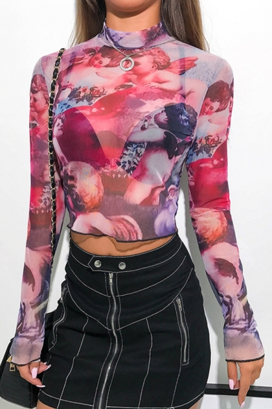 Sexy Transparent Mesh Mock Neck Long Sleeve Cupid Angel Printed Purple Cropped T-Shirt