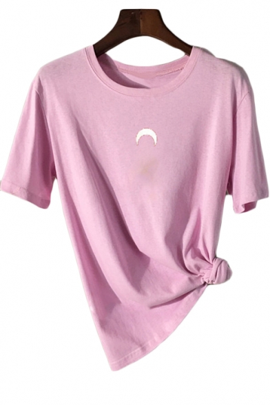 Simple Basic Moon Print Round Neck Short Sleeve Casual Cotton T-Shirt
