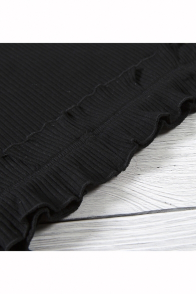 Simple Plain Off the Shoulder Ruffle Design Knit Crop T-Shirt