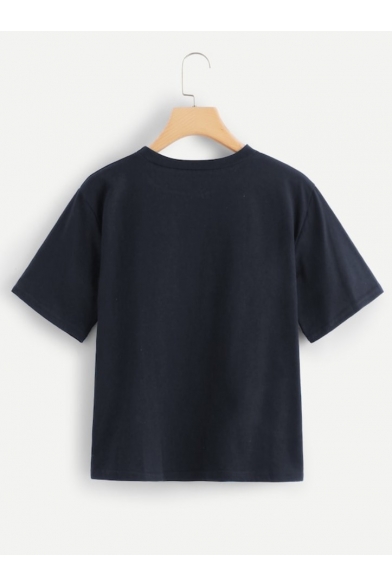 Simple Round Neck Sequins Double Pocket Short Sleeve Cotton T-Shirt