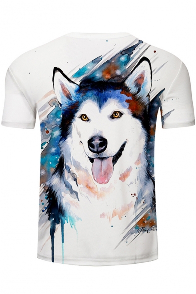 Stylish 3D Letter Dog Printed Short Sleeve Round Neck Mens Casual T-Shirt