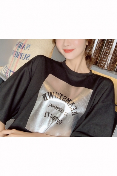 Stylish Letter Printed Round Neck Half Sleeve Longline Relaxed T-Shirt