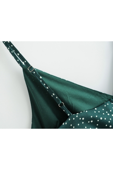 Summer Fashion Polka Dot Printed V-Neck Tied Waist Dark Green Mini Slip A-Line Dress