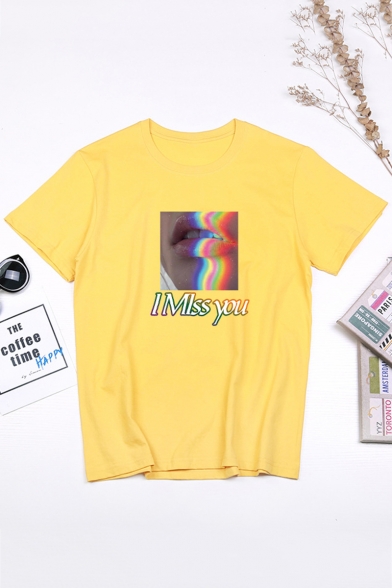 Summer New Stylish Letter I MISS YOU Lip Printed Cotton Loose T-Shirt