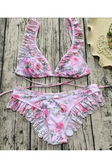 Trendy Floral Printed Ruffle Trim Tied Back Pink Sexy Bikini