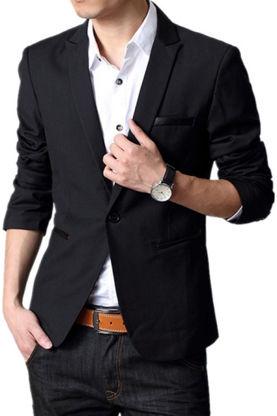 Trendy Single Button Long Sleeves Peak Lapel Plain Casual Men's Blazer Suit Jacket