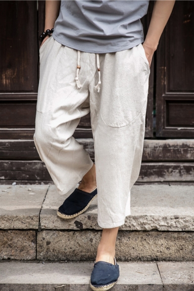Vintage Chinese Style Linen Simple Plain Cropped Wide-Leg Casual Pants for Men