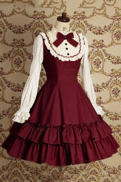 

Vintage Middle Ages French Maid Cosplay Costume Long Sleeve Flared Dress, Black;burgundy;beige;dark blue, LC510578