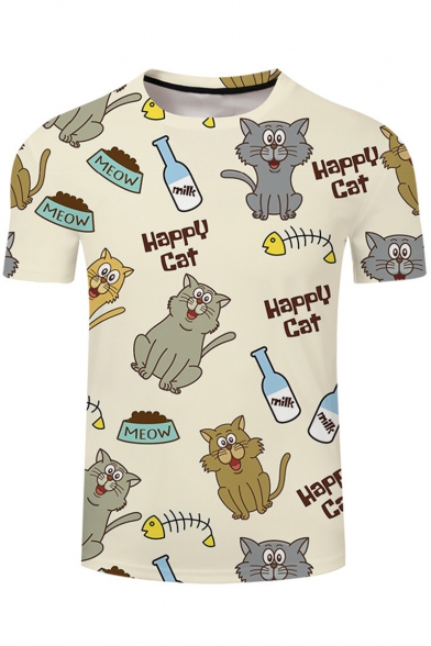 Allover Happy Cat Printed Round Neck Short Sleeve T-Shirt