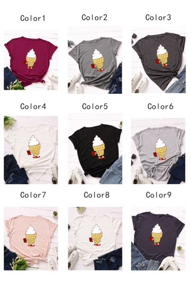 Cartoon Ice Cream Pattern Round Neck Short Sleeve Casual Cotton Tee for Women