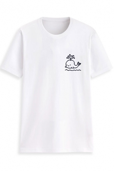 Cartoon Whale Pattern Round Neck Short Sleeve Casual Pullover Tee