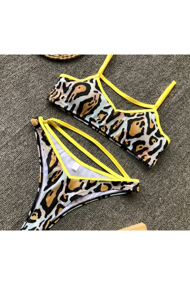 Cool Leopard Print Hollow Out Spaghetti Straps Sexy Beach Bikini