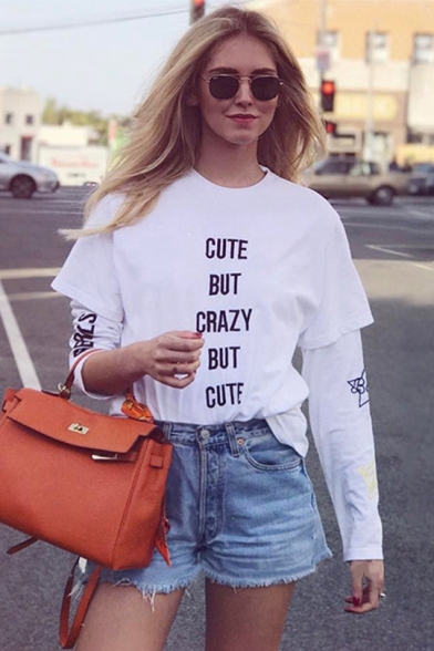Cool Letter CUTE BUT CRAZY BUT CUTE Printed Short Sleeve White Casual T-Shirt