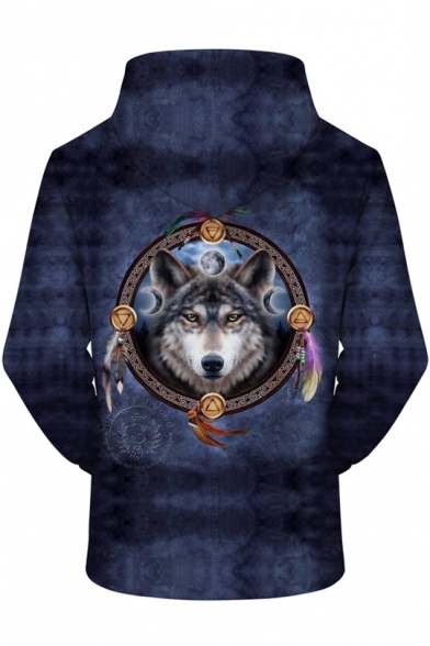 Fashion 3D Wolf Pattern Long Sleeve Sport Casual Pullover Drawstring Hoodie