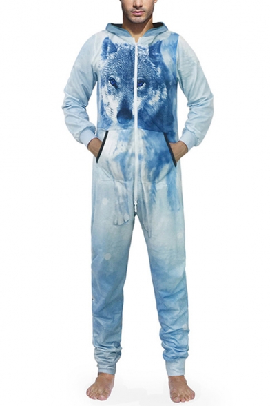 Fashion Blue Wolf Printed Long Sleeve Hooded Zip Up Casual Loose Lounge Jumpsuits for Men