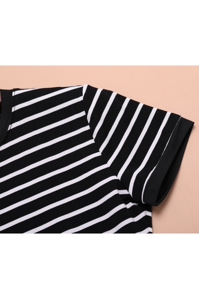 Fashion Classic Striped Printed Round Neck Short Sleeve Black Mini T-Shirt Dress