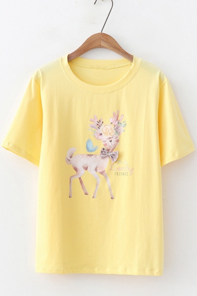 Fashion Floral Deer Pattern Round Neck Short Sleeve Loose Casual T-Shirt