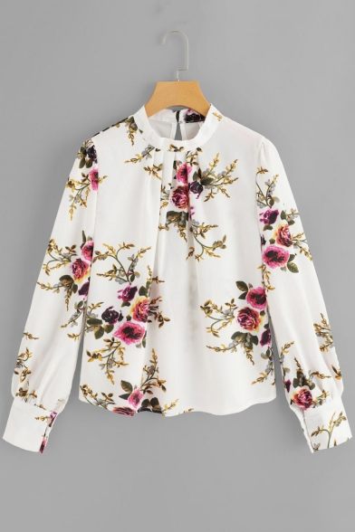 Fashion Floral Stripes Printed Stand Collar Long Sleeve Blouse for Women