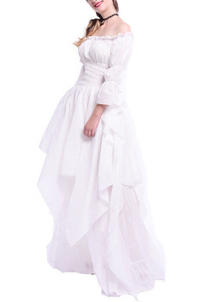 Fashion Off The Shoulder Plain Ruffle Trimmed Flare Sleeve Maxi Asymmetrical Dress