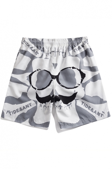 Fashion Spectacle Beard Letter Printed Drawstring Waist Fast Drying Unisex Grey and White Shorts Swim Trunks