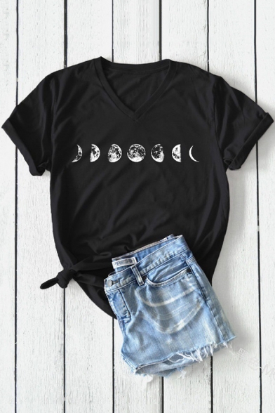 Funny Moon Pattern V-Neck Short Sleeve Loose Fit Cotton T-Shirt