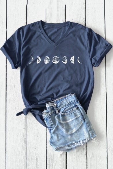 Funny Moon Pattern V-Neck Short Sleeve Loose Fit Cotton T-Shirt