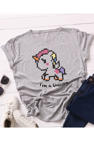 Girls Summer Cartoon Letter Unicorn Pattern Short Sleeve Round Neck Casual Cotton T-Shirt