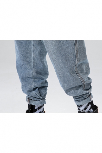 Guys Hip Hop Style Fashion Retro Wash Drawstring Waist Light Blue Loose Casual Harem Jeans