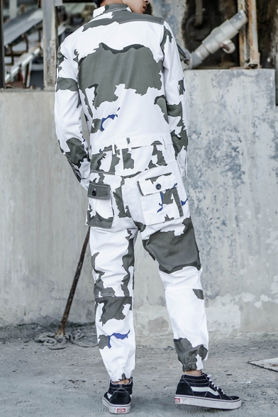 Hot Fashion Camo Printed Long Sleeve Lapel Collar White Workwear Coveralls for Men