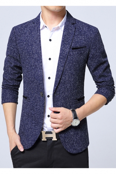 Leisure Mens Notched Lapel Long Sleeves Single Button Fitted Blazer Jacket with Pockets