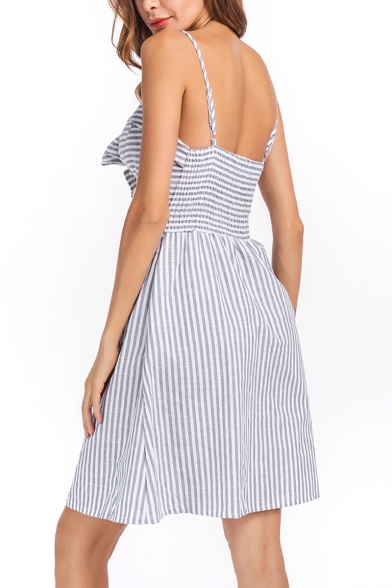 Light Blue Spaghetti Straps Sleeveless Striped Printed Bow-Tied Front Hollow Out Mini Cami Dress
