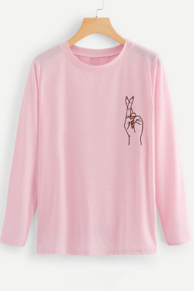 Lovely Hand Printed Round Neck Long Sleeve Pink T-Shirt