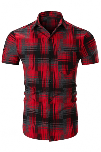 Men's Fashion Colorblock Striped Plaid Print Short Sleeve Casual Fitted Button-Up Shirt