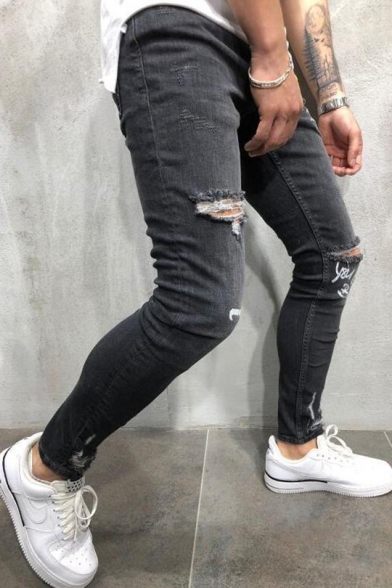 Men's Hip Hop Fashion Letter Printed Ripped Stretch Skinny Fit Black Jeans