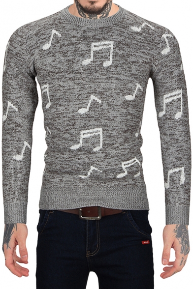 Men's New Popular Allover Musical Note Printed Crew Neck Fashion Slim Sweater