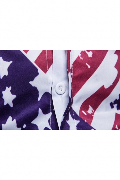 Men's New Stylish American Flag Printed Long Sleeve Slim Fit Button-Up Shirt