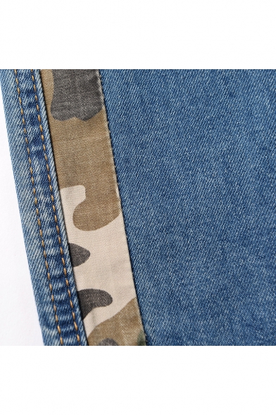 Men's New Trendy Camo Patched Stretch Slim Fit Blue Pencil Jeans