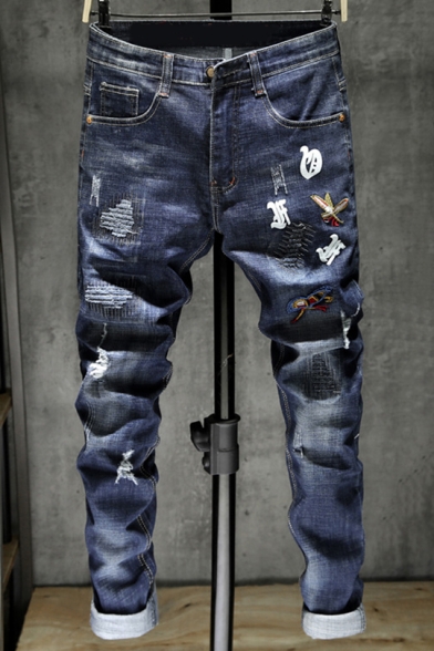 Men's New Trendy Embroidery Patched Distressed Rolled Cuff Straight Fit Blue Ripped Jeans