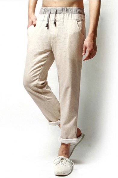 Men's Summer Unique Contrast Drawstring Waist Loose Fit Linen Straight Pants