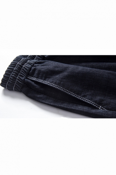 Mens Drawstring Waist Simple Plain Flap Pocket Side Black Loose Fit Denim Shorts