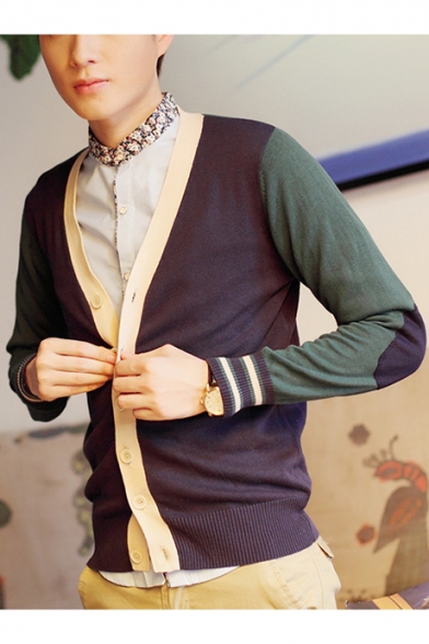 Mens Fashion Color Block V-Neck Button Closure Comfortable Cotton Casual Cardigan