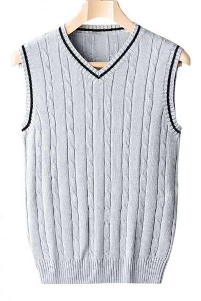 Mens Fashion Contrast Stripe Trim V-Neck Sleeveless Cable Knit Fitted Sweater Vest