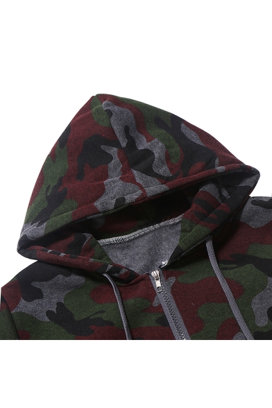 Mens New Fashion Classic Camouflage Printed Long Sleeve Zip Up Drawstring Hoodie