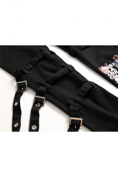 Mens New Fashion Letter Skull Printed Multi Ribbon Embellish Slim Fit Black Jeans