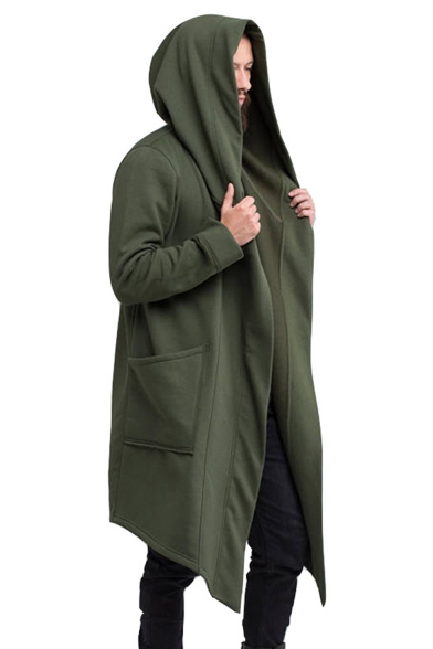 Mens New Fashion Solid Color Long Sleeve Open Front Hooded Longline Coat