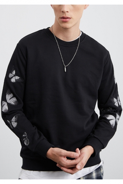 Mens New Stylish Embroidery Butterfly Pattern Long Sleeve Black Pullover Sweatshirt