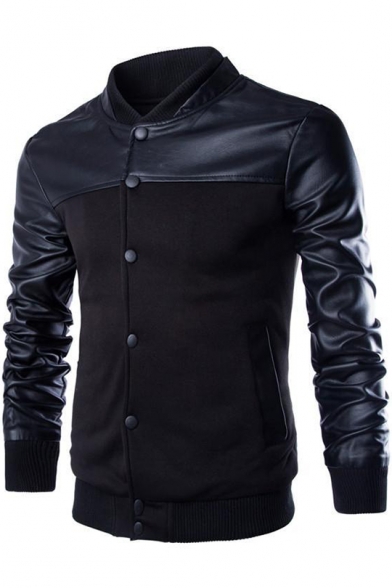 Mens New Stylish Stand-Collar Long Sleeve PU Patched Button Down Fitted Jacket