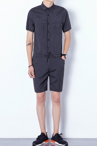 Mens Summer Stylish Vertical Striped Printed Short Sleeve Drawstring Waist Hair Stylist Suits Rompers